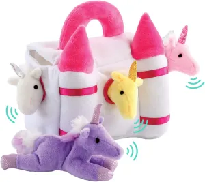 Magical Unicorns and Castle Play Set with Sounds, 5 Piece Small Unicorn Stuffed Animals Plus Magical Castle Carrier with Handle, Fun Interactive Toys