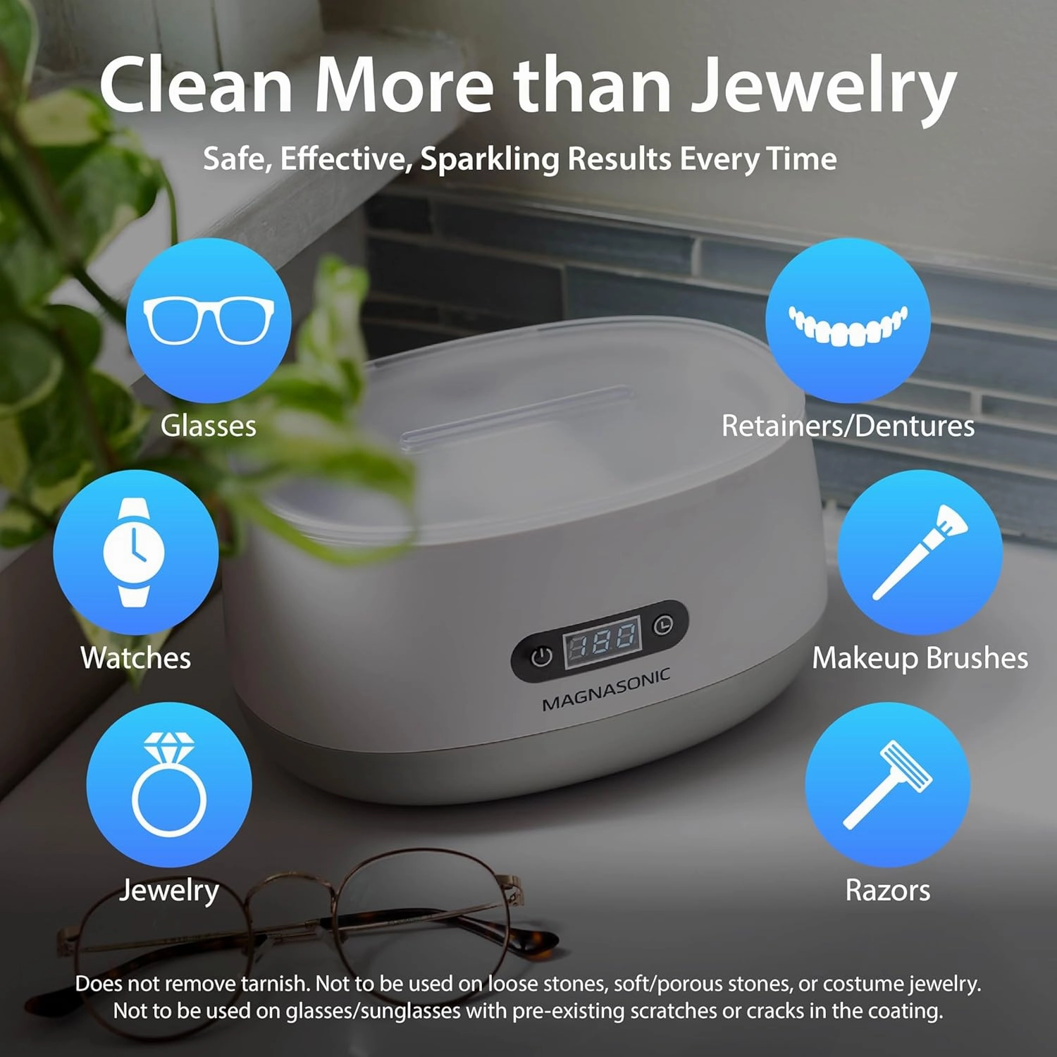 Magnasonic Ultrasonic Cleaner - 20oz Tank Ultrasonic Retainer Cleaner w/ 8oz Gem & Jewelry Cleaner Concentrate Solution, Digital Timer, 5 Cleaning Modes for Glasses, Rings, Dentures, Tools, Aligners