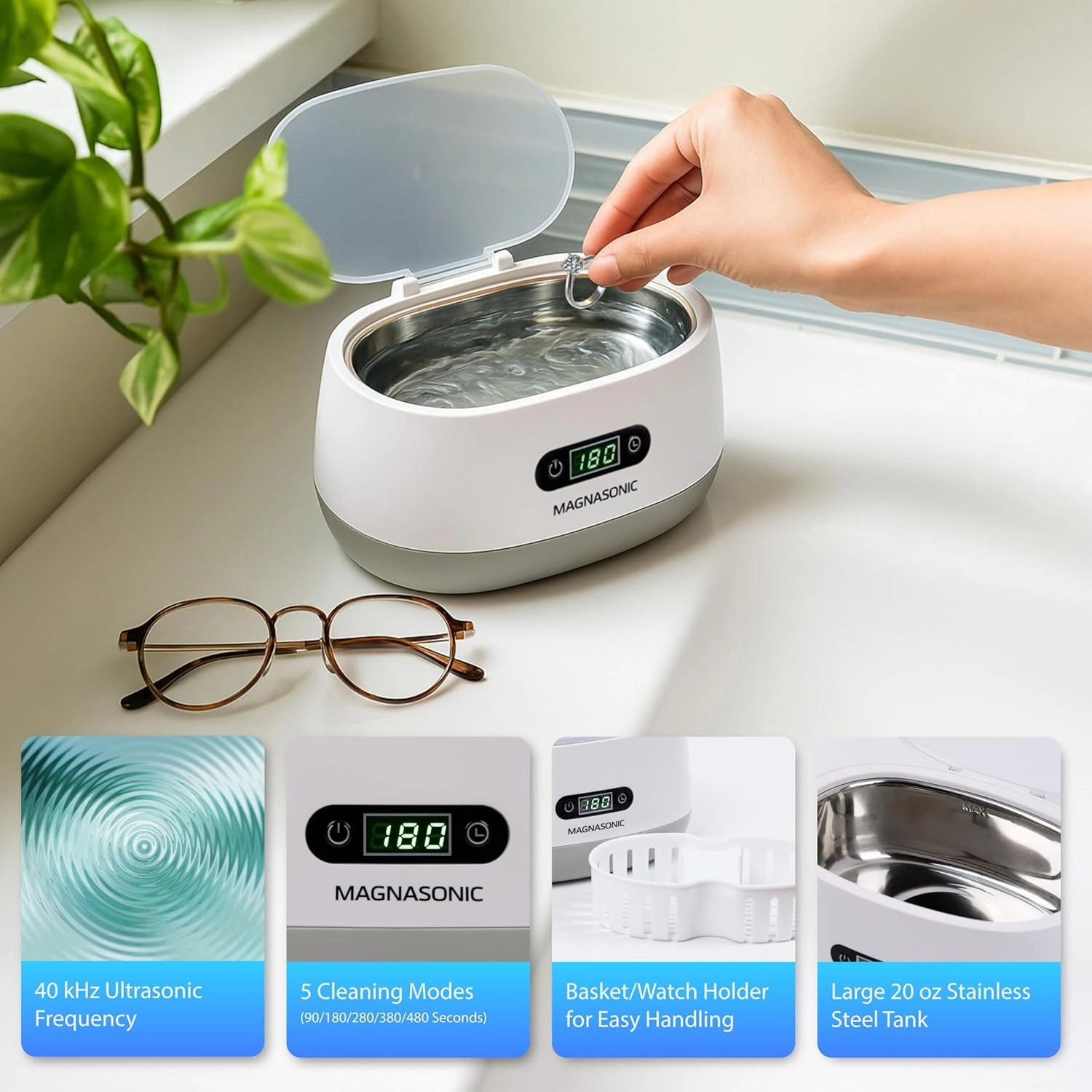 Magnasonic Ultrasonic Cleaner - 20oz Tank Ultrasonic Retainer Cleaner w/ 8oz Gem & Jewelry Cleaner Concentrate Solution, Digital Timer, 5 Cleaning Modes for Glasses, Rings, Dentures, Tools, Aligners