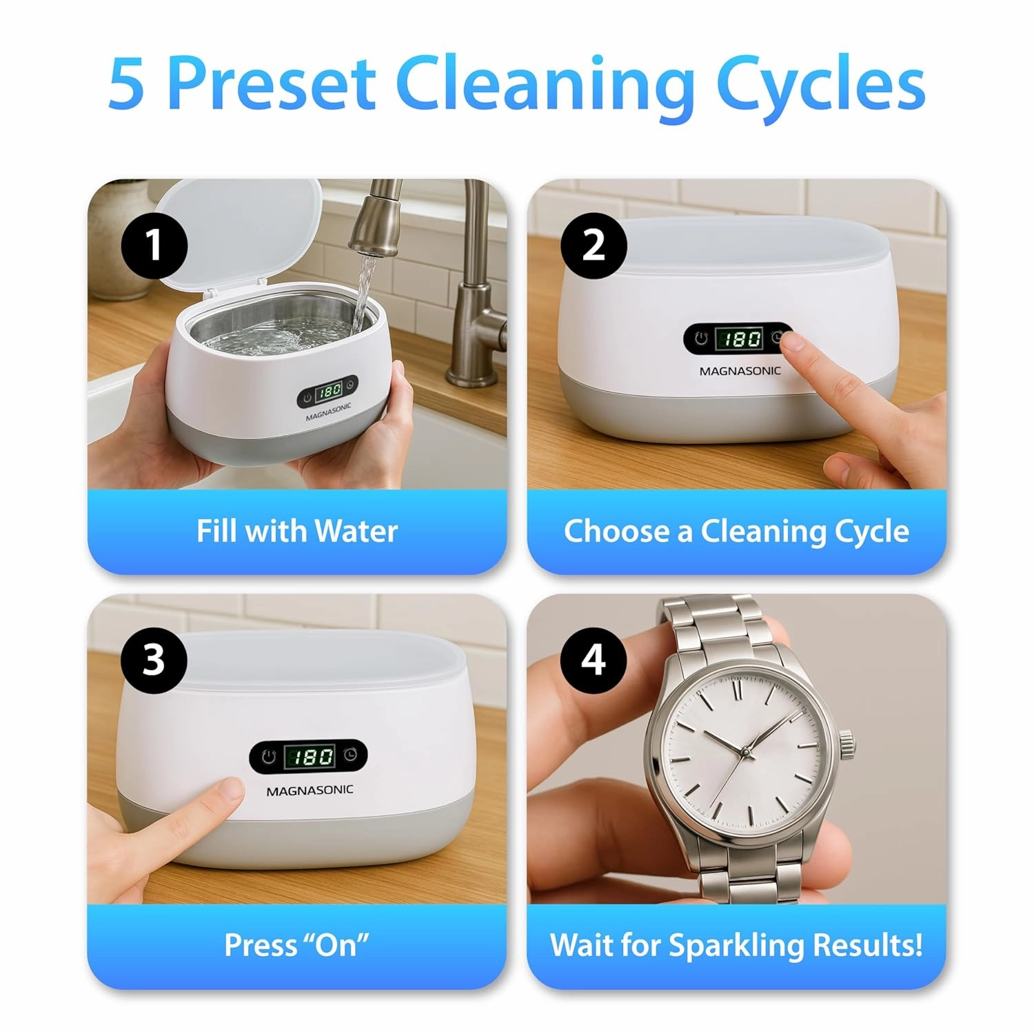 Magnasonic Ultrasonic Cleaner - 20oz Tank Ultrasonic Retainer Cleaner w/ 8oz Gem & Jewelry Cleaner Concentrate Solution, Digital Timer, 5 Cleaning Modes for Glasses, Rings, Dentures, Tools, Aligners