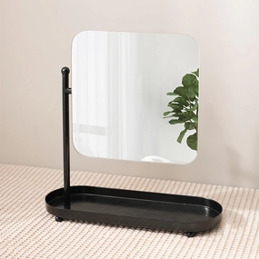 Makeup Mirror with Storage Tray,360° Swivel Tabletop Mirror, Portable Small Table Desk Countertop Mirror, Bathroom Shaving Mirror,Round, Oval, Square(Size:Square,Color:Black)