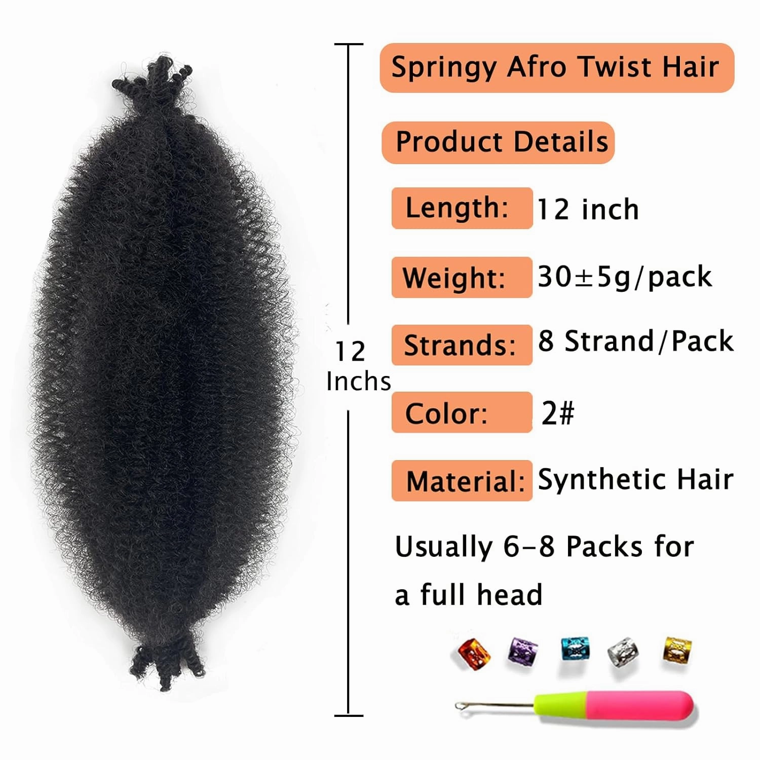 Marley Twist Braiding Hair 8 packs, Springy Afro Twist Hair Pre-Separated Kinky Twist Crochet Hair Braids for Distressed Soft Locs Spring Twist Hair for Black Women (2#, 12 Inch(Pack of 8))
