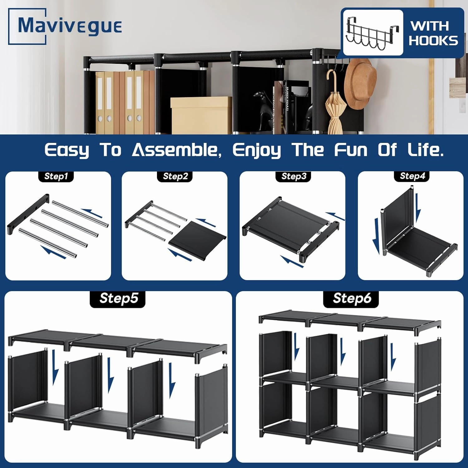 Mavivegue Bookcase, 18-Cube Extra Large Book Shelf, DIY Cube Storage Organizer for Bedroom, Living Room, Home Office - Black