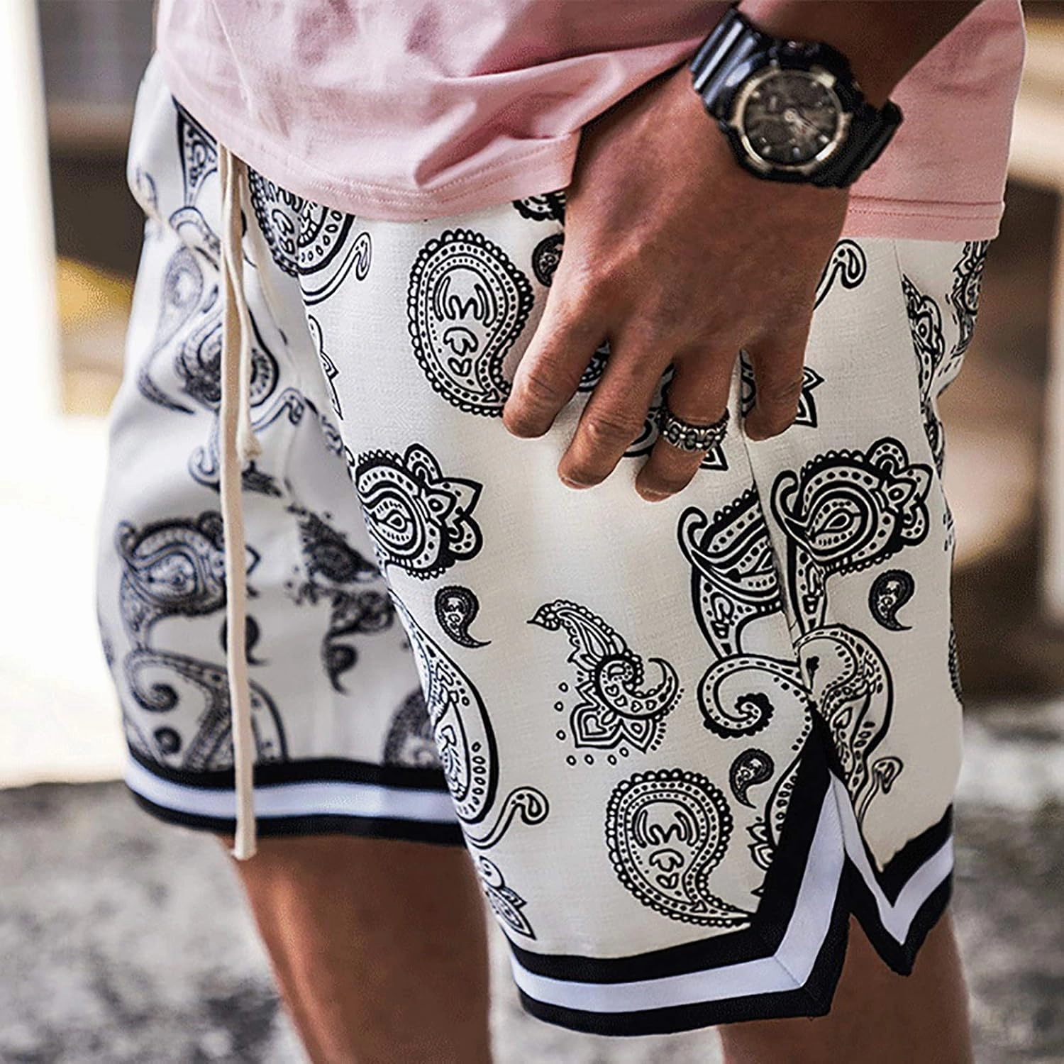 MECH-ENG Men's Paisley Shorts Athletic Casual Workout Gym Basketball Shorts Bandana Drawstring Shorts
