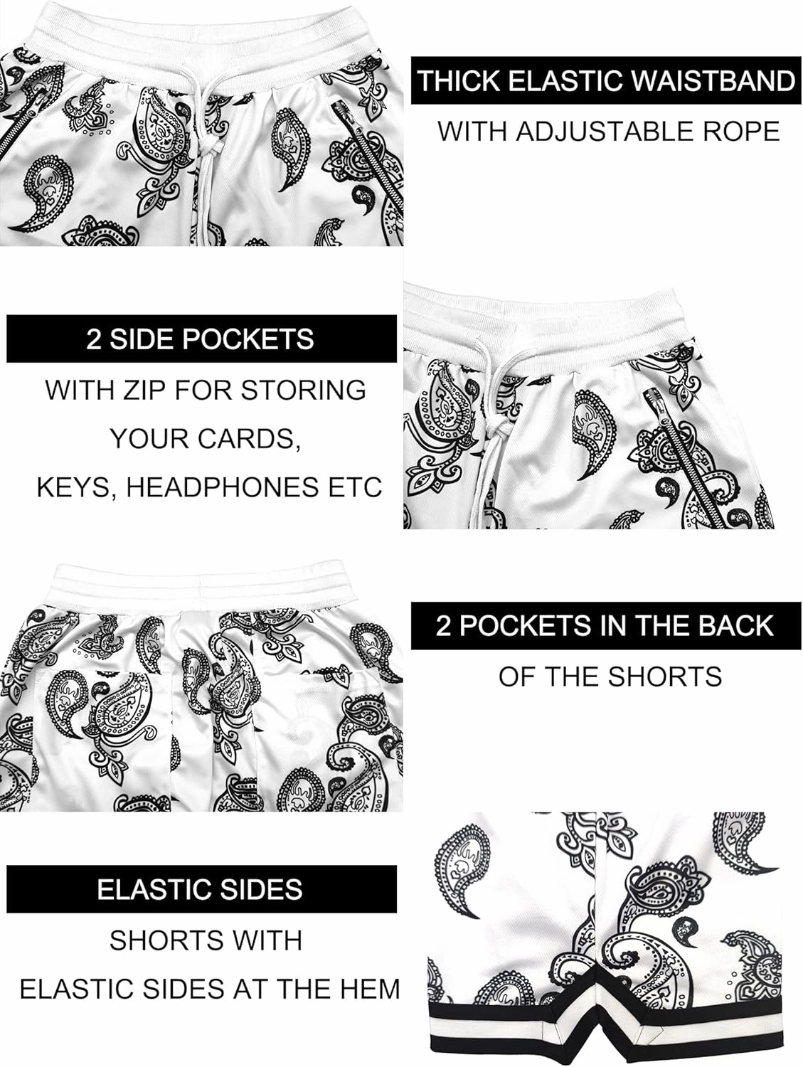 MECH-ENG Men's Paisley Shorts Athletic Casual Workout Gym Basketball Shorts Bandana Drawstring Shorts