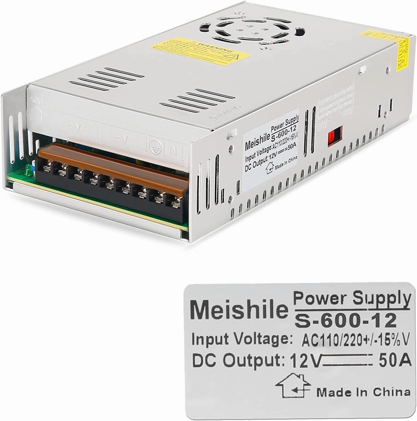 MEISHILE 12V 50A 600W DC Switching Power Supply Adapter AC-DC 12Volt Industrial Transformer Converter 0-40A 25A LED Drive Light Lamp Meter Electric Printer Semiconductor Motor Pump Fan Cool
