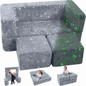 MeMoreCool Glow in The Dark Modular Dinosaur Sofa for Kids, Convertible Toddler Play Couch Furniture for Small Playroom, Grey