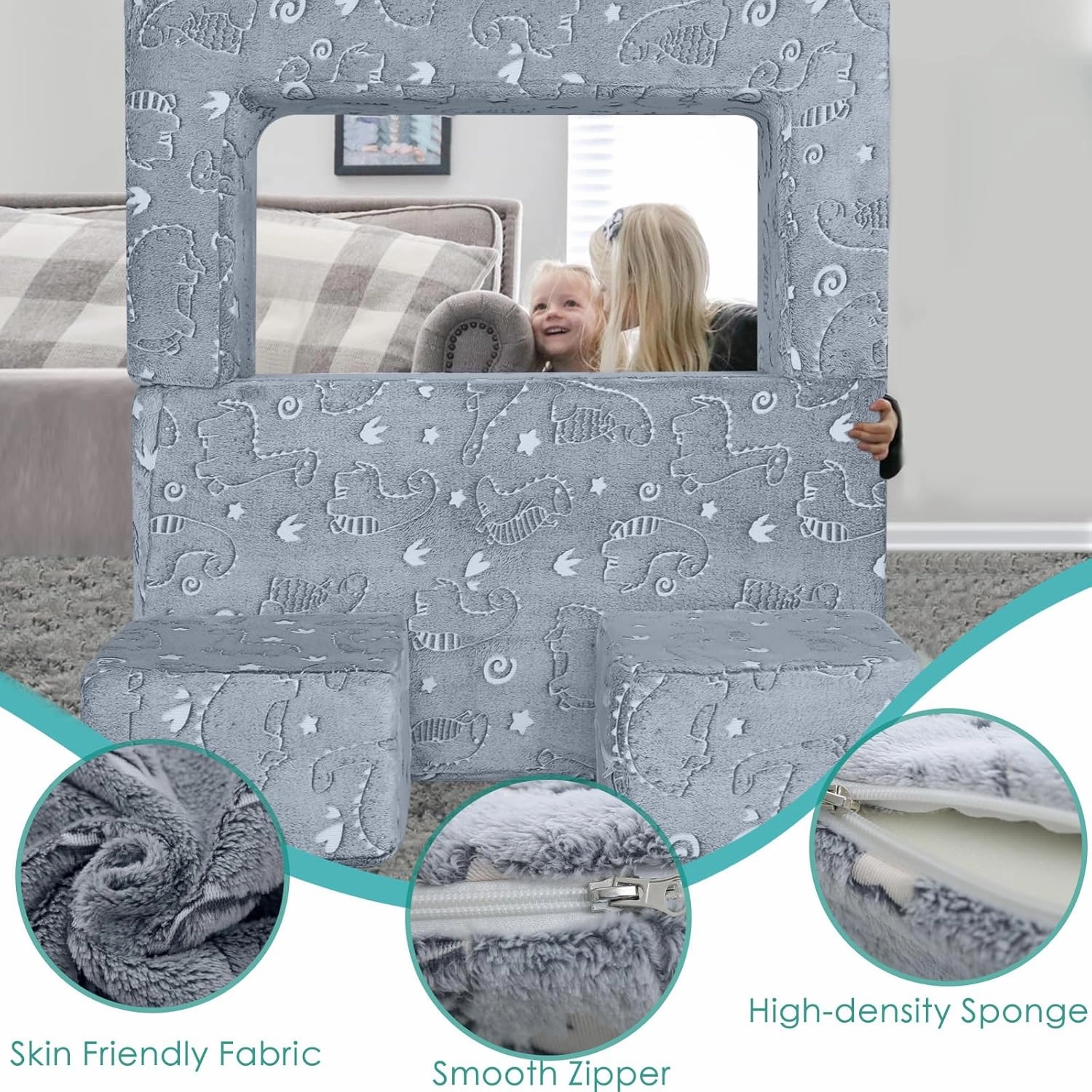 MeMoreCool Glow in The Dark Modular Dinosaur Sofa for Kids, Convertible Toddler Play Couch Furniture for Small Playroom, Grey