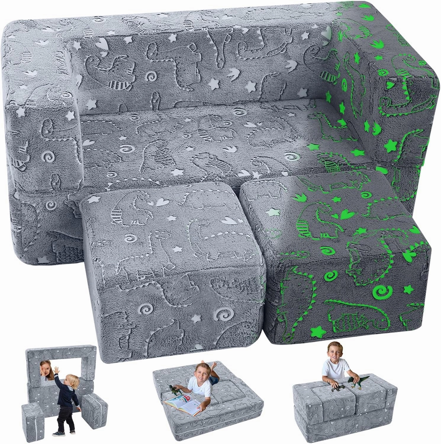 MeMoreCool Glow in The Dark Modular Dinosaur Sofa for Kids, Convertible Toddler Play Couch Furniture for Small Playroom, Grey