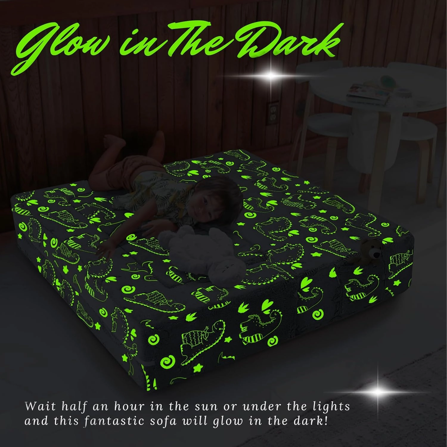 MeMoreCool Glow in The Dark Modular Dinosaur Sofa for Kids, Convertible Toddler Play Couch Furniture for Small Playroom, Grey