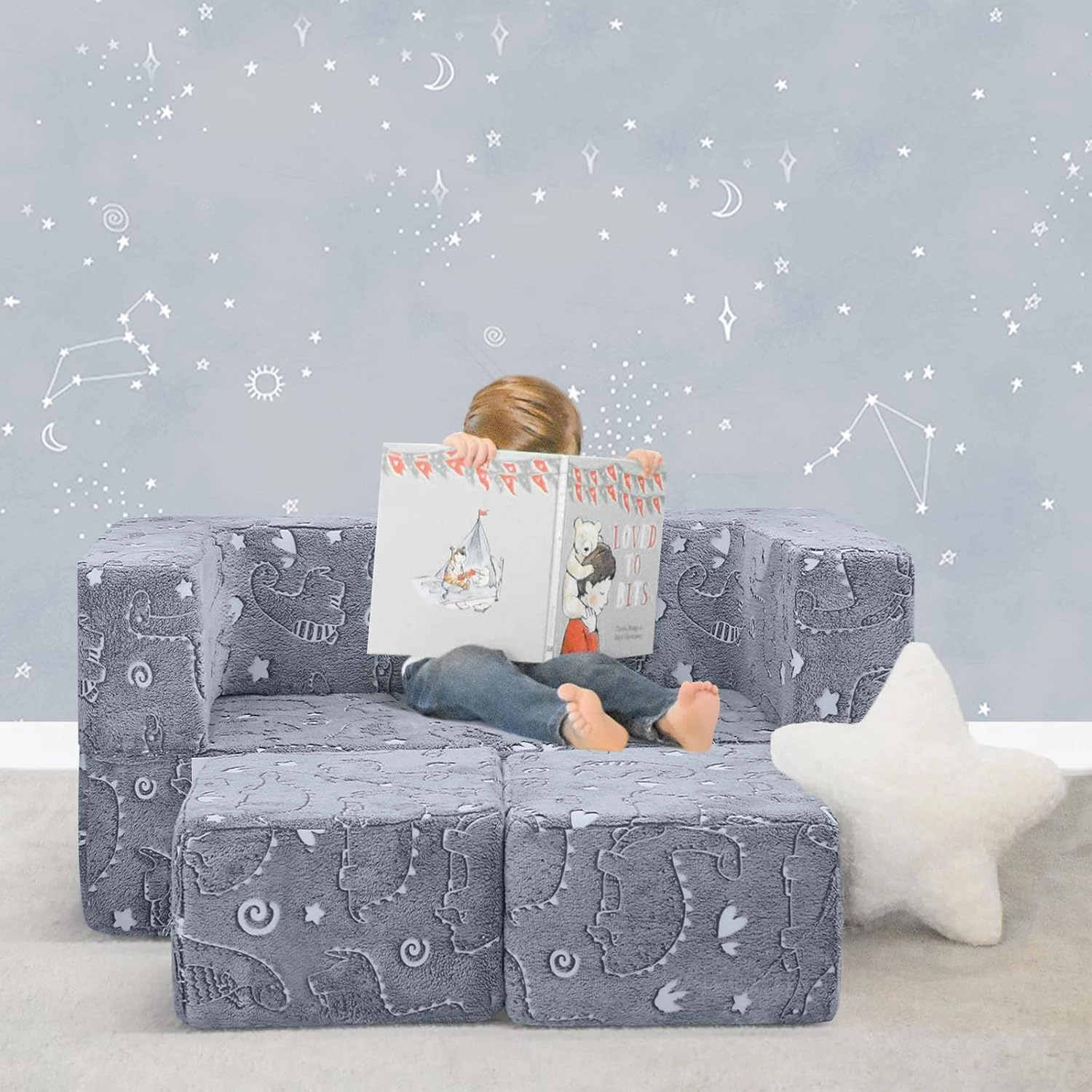 MeMoreCool Glow in The Dark Modular Dinosaur Sofa for Kids, Convertible Toddler Play Couch Furniture for Small Playroom, Grey