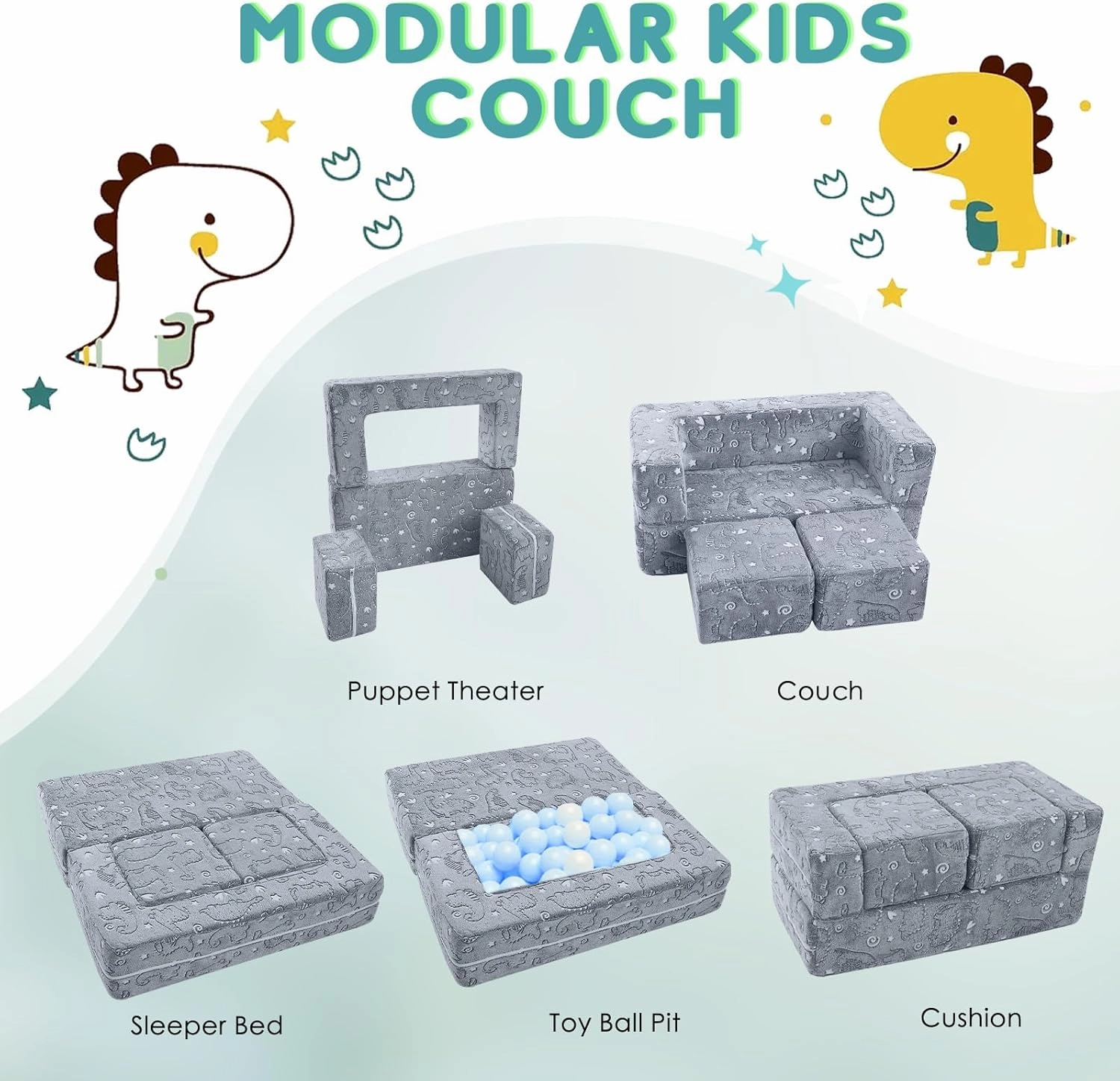 MeMoreCool Glow in The Dark Modular Dinosaur Sofa for Kids, Convertible Toddler Play Couch Furniture for Small Playroom, Grey