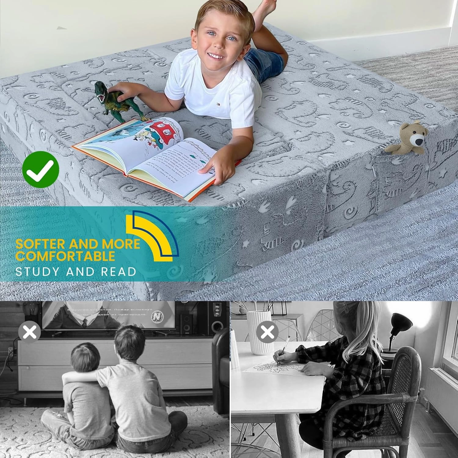 MeMoreCool Glow in The Dark Modular Dinosaur Sofa for Kids, Convertible Toddler Play Couch Furniture for Small Playroom, Grey