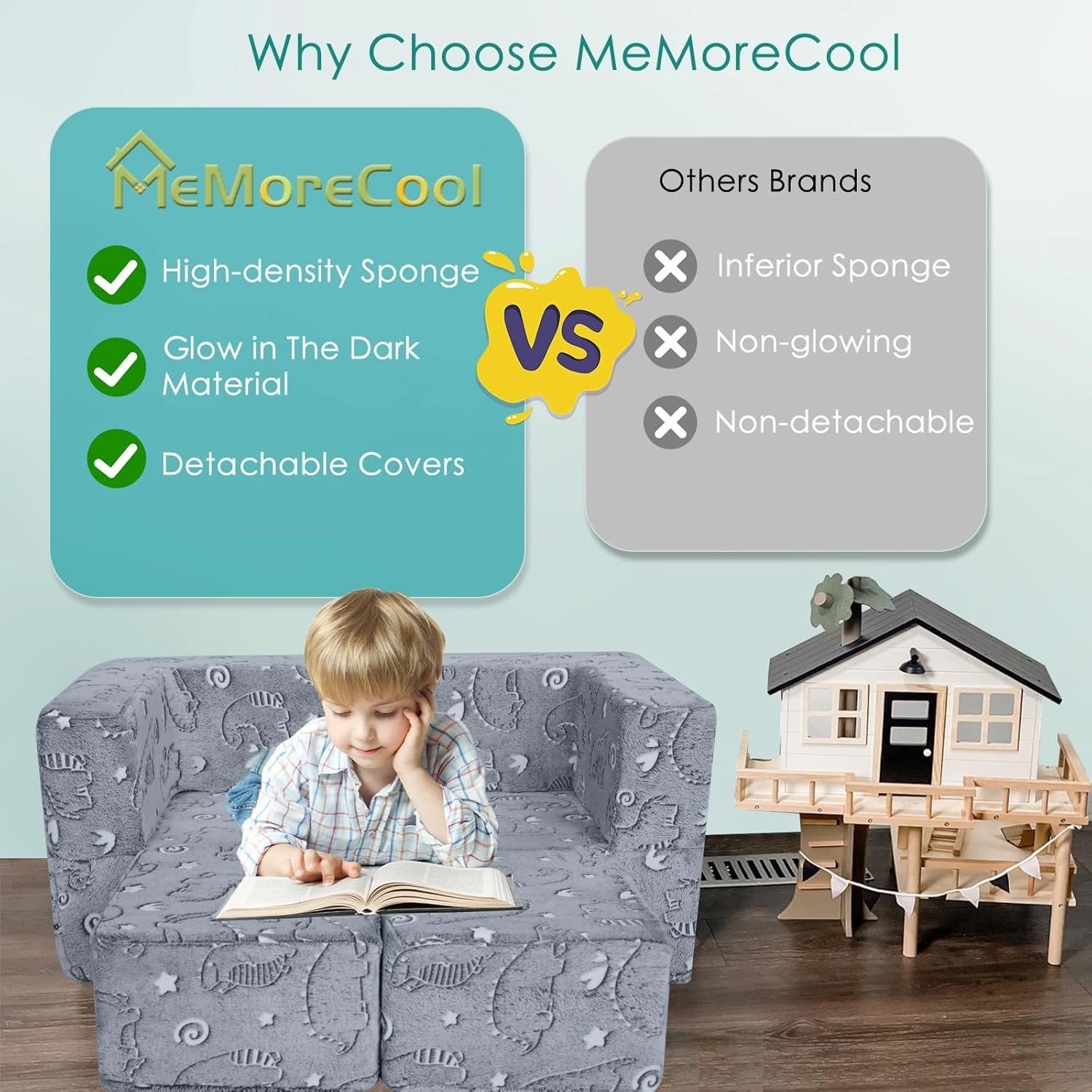 MeMoreCool Glow in The Dark Modular Dinosaur Sofa for Kids, Convertible Toddler Play Couch Furniture for Small Playroom, Grey