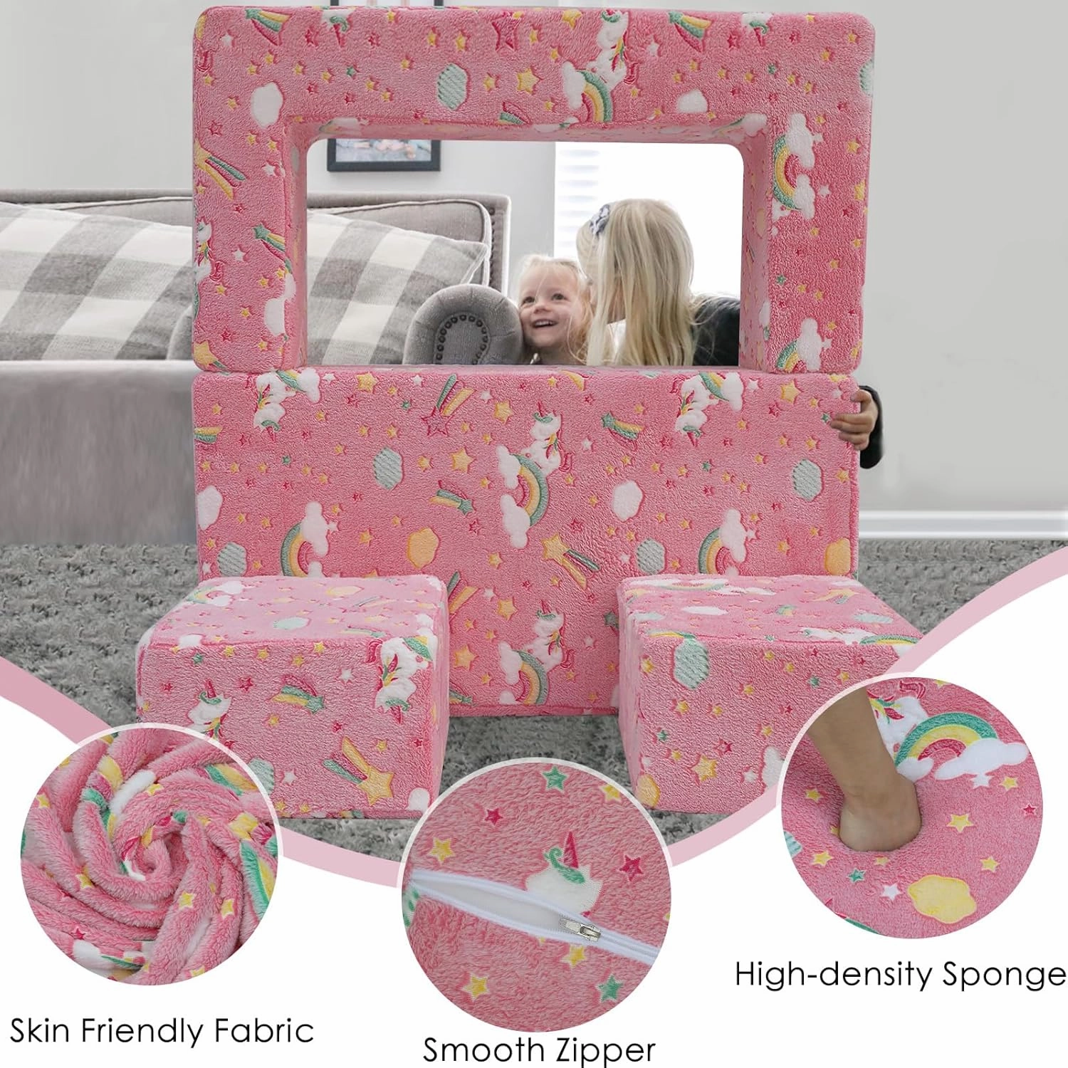 MeMoreCool Modular Kids Sofa,Toddler Play Couch Fold Out for Playroom, Glow in Dark Convertible Plush Unicorn Foam Chair for Baby Childrens
