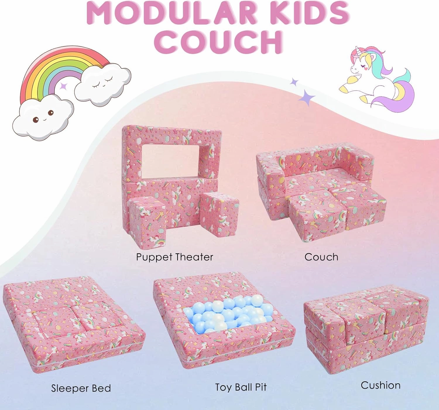 MeMoreCool Modular Kids Sofa,Toddler Play Couch Fold Out for Playroom, Glow in Dark Convertible Plush Unicorn Foam Chair for Baby Childrens