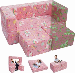 MeMoreCool Modular Kids Sofa,Toddler Play Couch Fold Out for Playroom, Glow in Dark Convertible Plush Unicorn Foam Chair for Baby Childrens