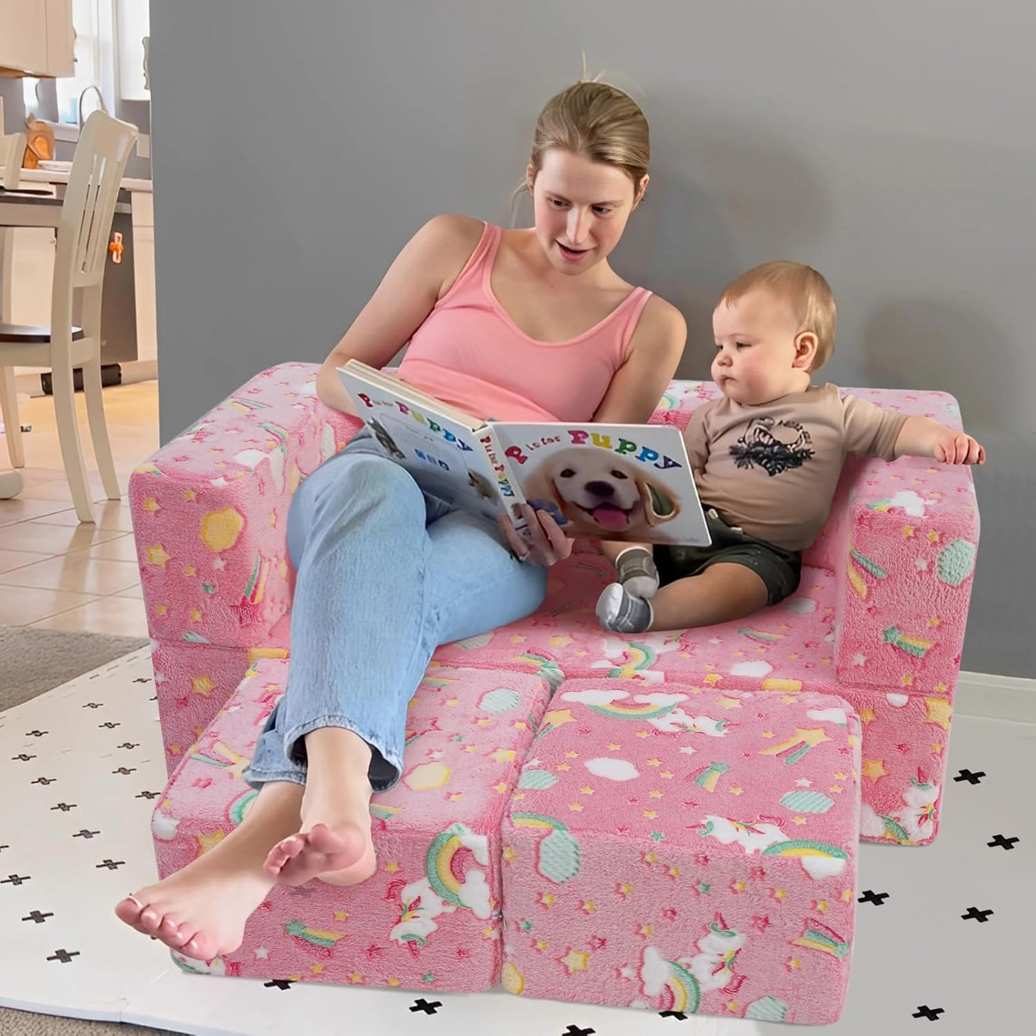 MeMoreCool Modular Kids Sofa,Toddler Play Couch Fold Out for Playroom, Glow in Dark Convertible Plush Unicorn Foam Chair for Baby Childrens
