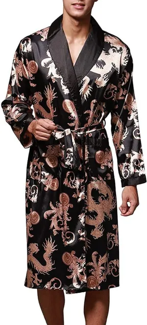 Mens Satin Robe Silk Long Sleeve Kimono Bathrobe Sleepwear Loungewear