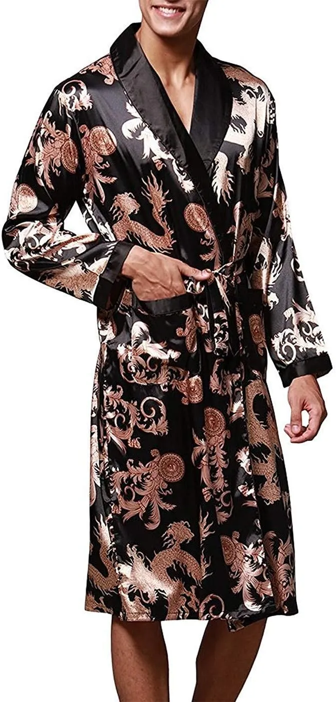 Mens Satin Robe Silk Long Sleeve Kimono Bathrobe Sleepwear Loungewear