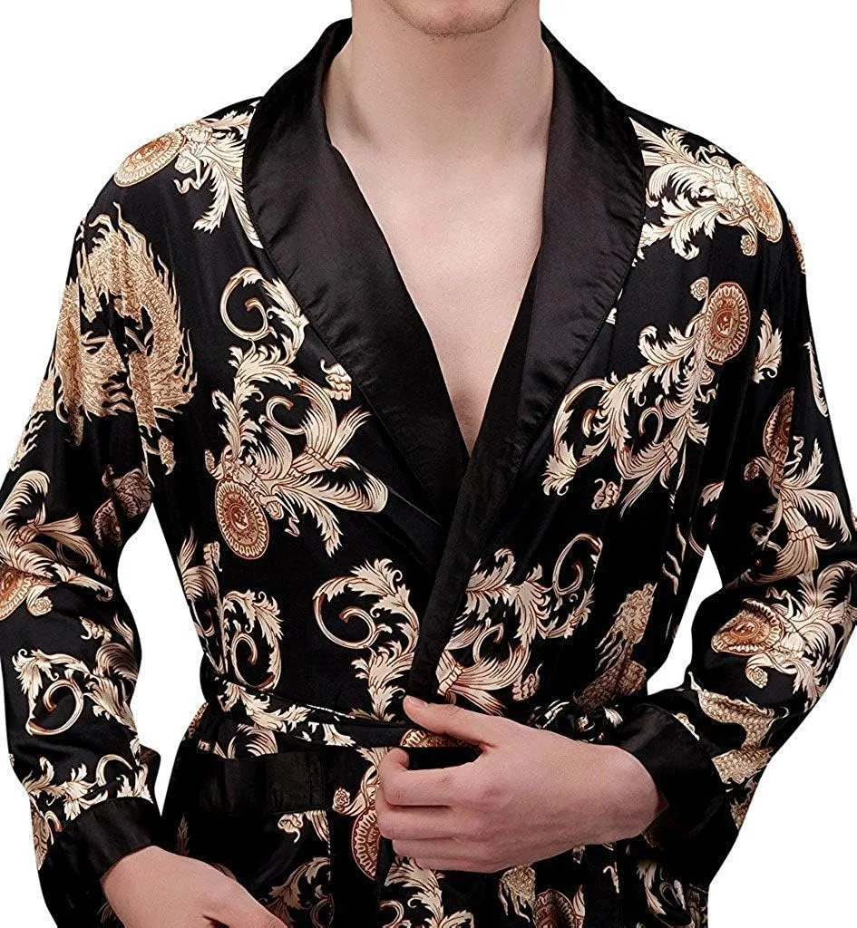 Mens Satin Robe Silk Long Sleeve Kimono Bathrobe Sleepwear Loungewear