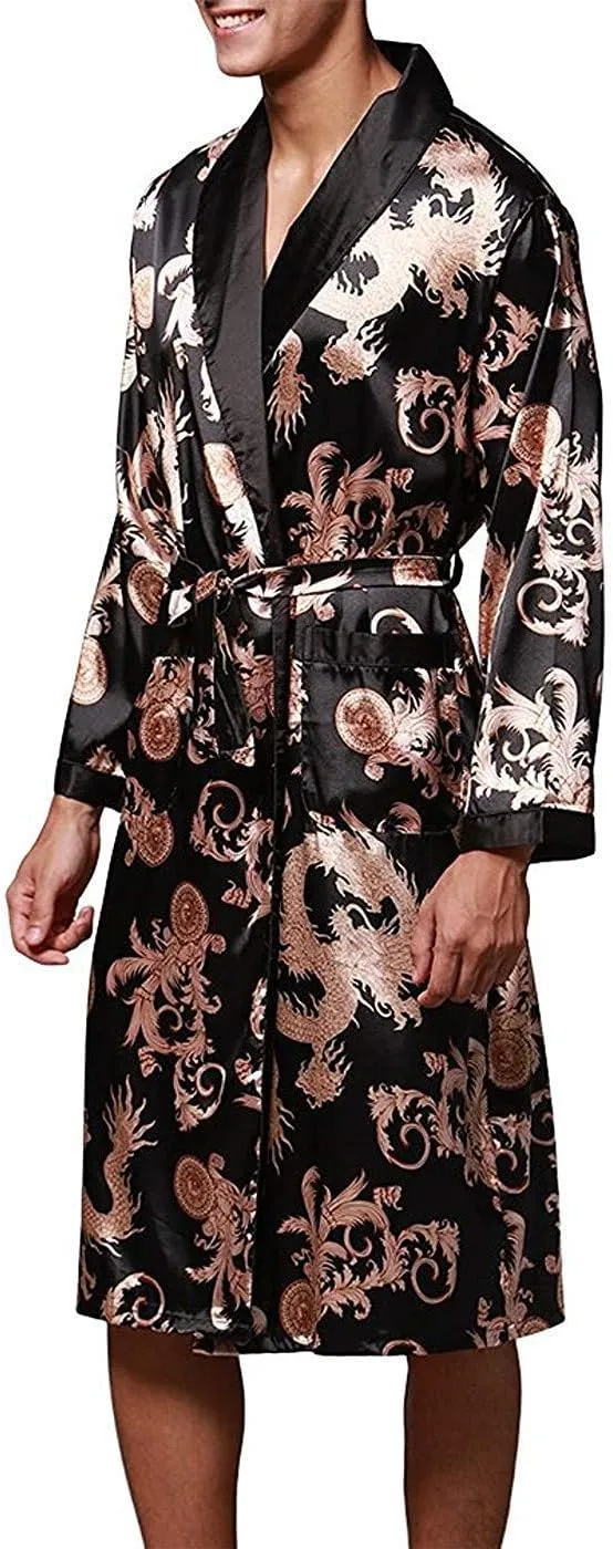 Mens Satin Robe Silk Long Sleeve Kimono Bathrobe Sleepwear Loungewear
