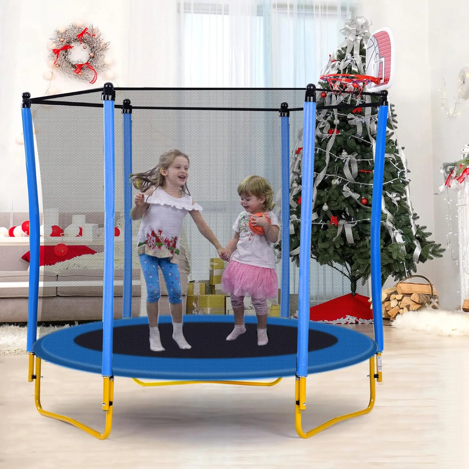 Merax 65" Trampoline for Kids 5.5 FT Indoor & Outdoor Small Toddler Trampoline Baby Trampoline Recreational Trampolines with Enclosure, Basketball Hoop and Ball, Gifts for Boys & Girls