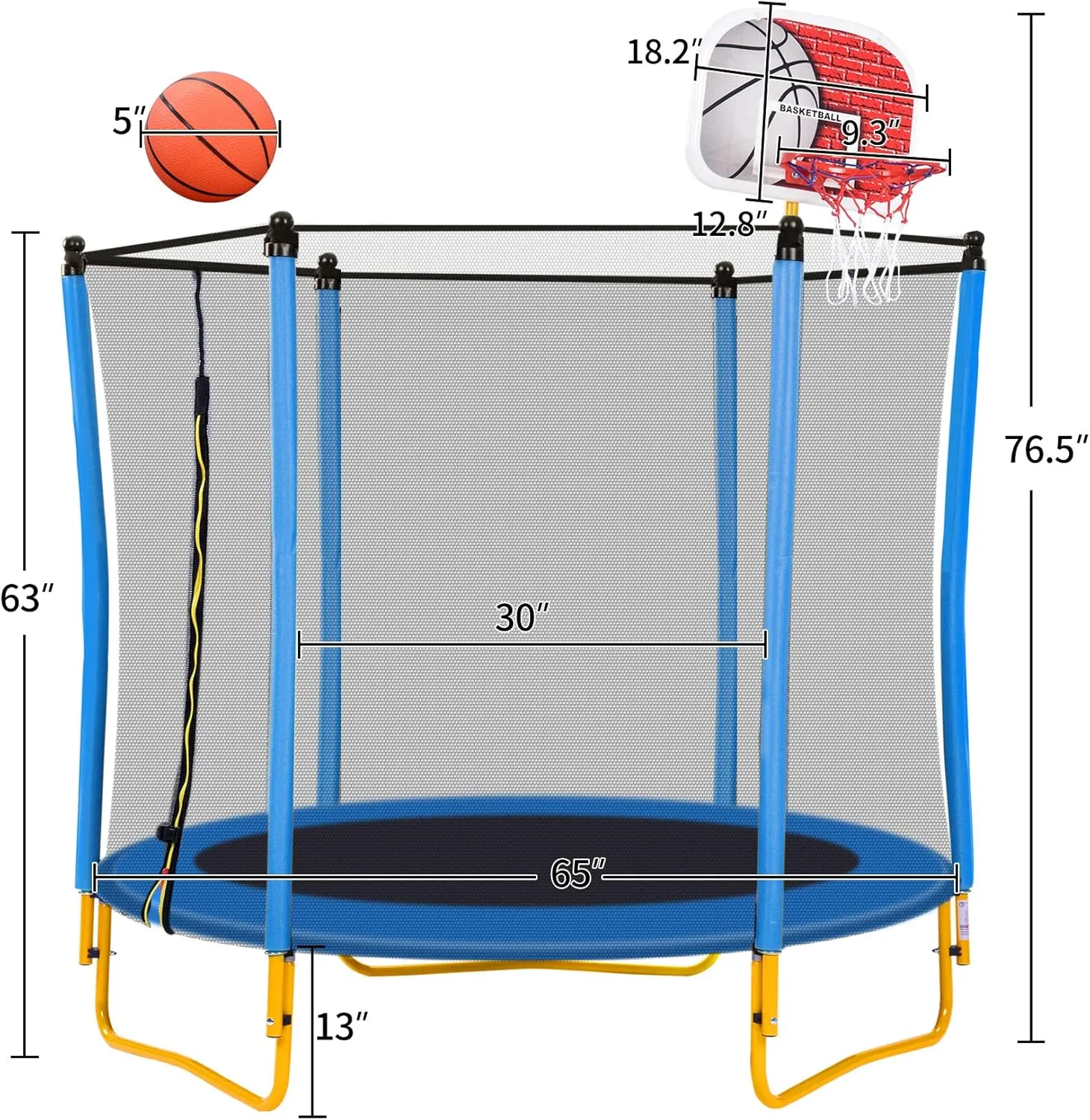 Merax 65" Trampoline for Kids 5.5 FT Indoor & Outdoor Small Toddler Trampoline Baby Trampoline Recreational Trampolines with Enclosure, Basketball Hoop and Ball, Gifts for Boys & Girls
