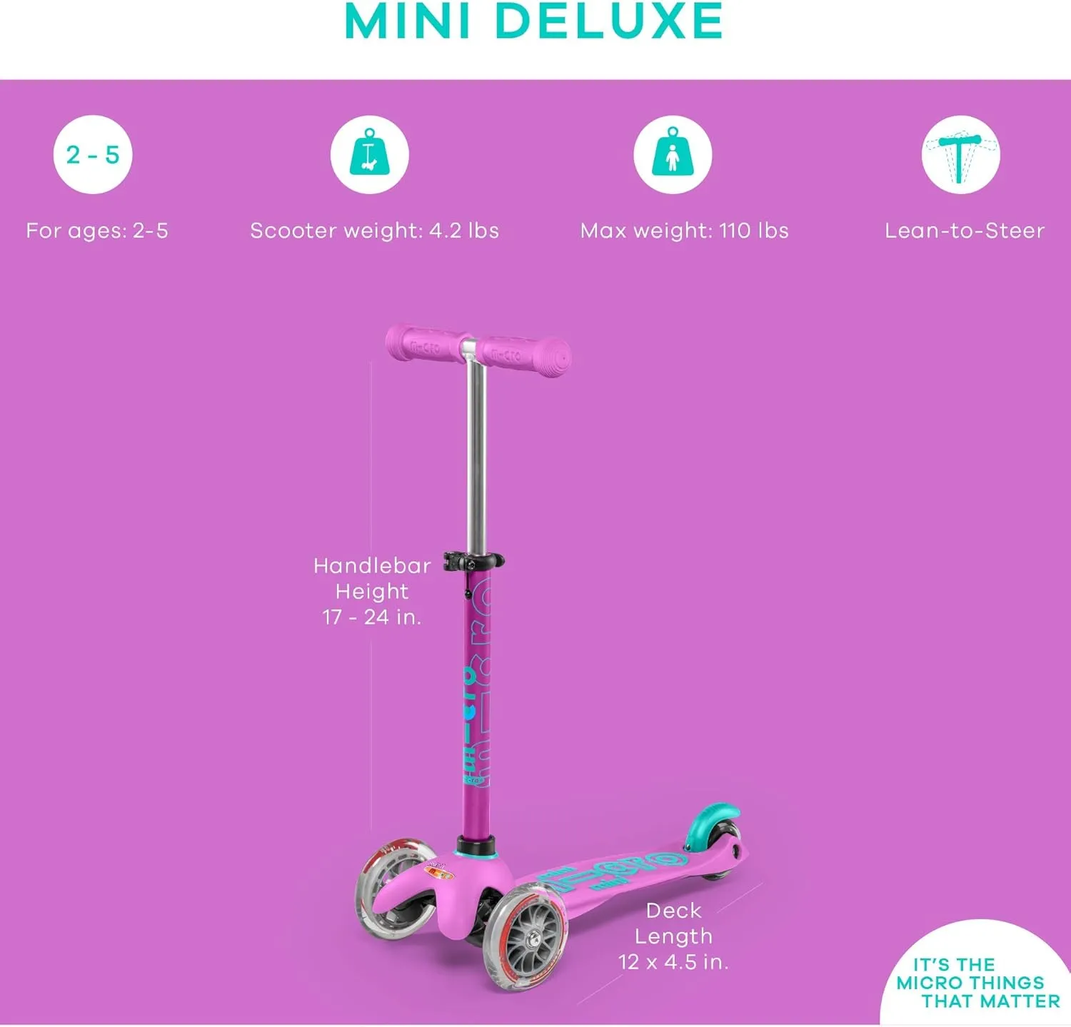 Micro Kickboard - Mini Deluxe - Three Wheeled, Lean-to-Steer Swiss-Designed Micro Scooter