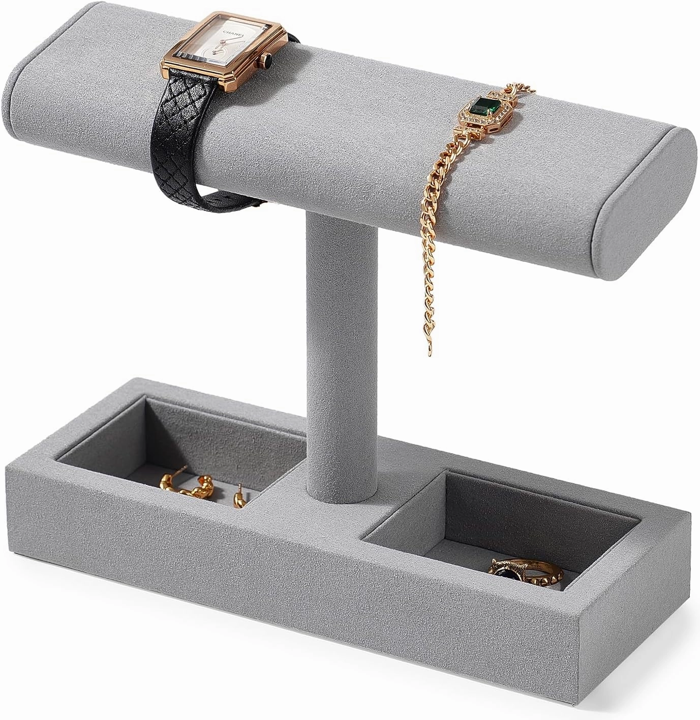 Microfiber Watch Display Stand T-bar Watch Ring Earrings Stand for Men and Women Jewelry Bracelet Wristwatch Organizer for Store and Home(Grey)