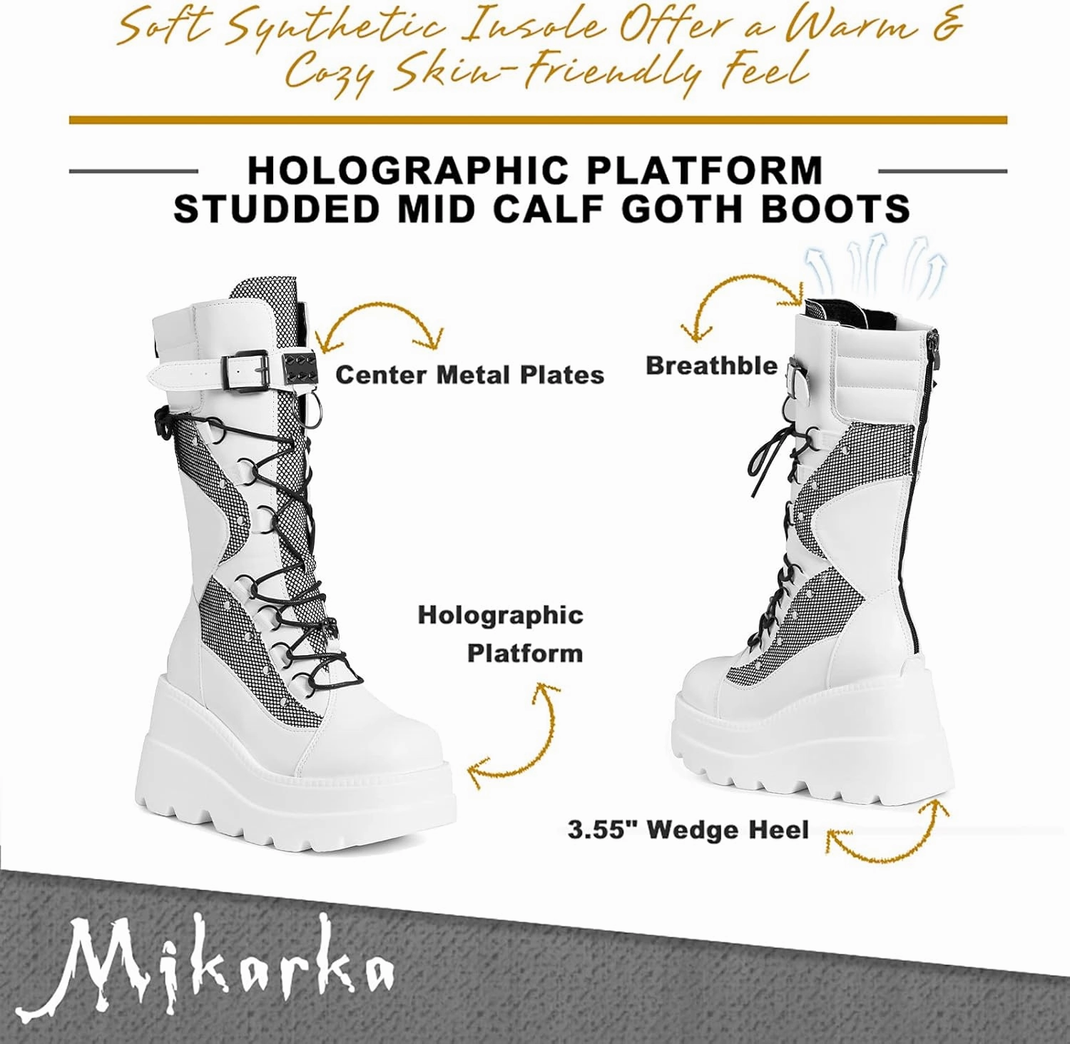 mikarka Womens Holographic Platform Mid Calf Combat Boots Lace Up Wedge Heel Studded Goth Knee High Boots