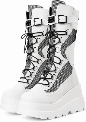 mikarka Womens Holographic Platform Mid Calf Combat Boots Lace Up Wedge Heel Studded Goth Knee High Boots