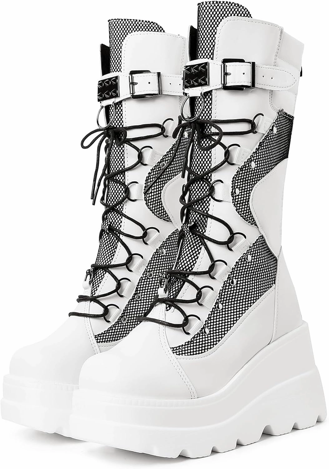mikarka Womens Holographic Platform Mid Calf Combat Boots Lace Up Wedge Heel Studded Goth Knee High Boots