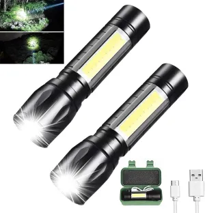 Mini Flashlights Rechargeable LED-Small Flashlights Powerful USB Rechargeable Flashlight Adjustable Focus,Portable Waterproof LED Flashlight with COB Side Lights Tactical Flashlight (2pack)