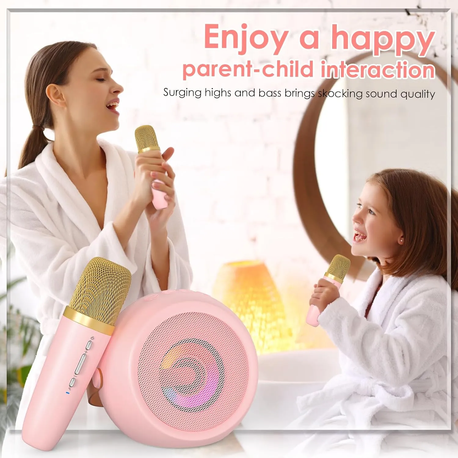 Mini Karaoke Machine for Kids, 2 Wireless Microphones & 4 Magic Voices, LED Portable Design for Indoor Outdoor Party Singing Fun, Enhanced Musical Experience for Children - Pink