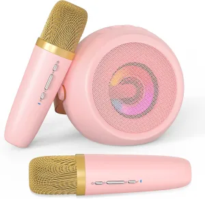 Mini Karaoke Machine for Kids, 2 Wireless Microphones & 4 Magic Voices, LED Portable Design for Indoor Outdoor Party Singing Fun, Enhanced Musical Experience for Children - Pink