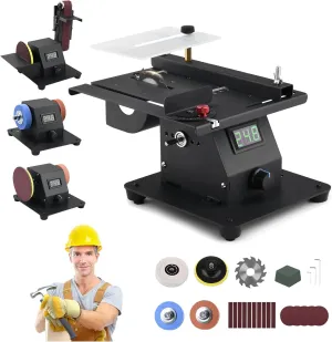 Mini Multi-functional Table Saw with Voltage LED Display, Mini Table Saw for Crafts with 10 Sanding Belts, 0-90° Adjustable Belt Sander, Dual Bench Grinder, 4 in 1 Machine with 7 Speed Adjustable