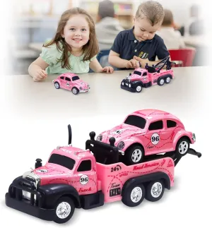 Mini RC Truck, 1/64 Scale Tow Truck Toy Remote Control Car with Lights, Mini Alloy Monster Trucks, 2.4GHz Remote & APP Control, Adjustable Speed & Steering (Pink)