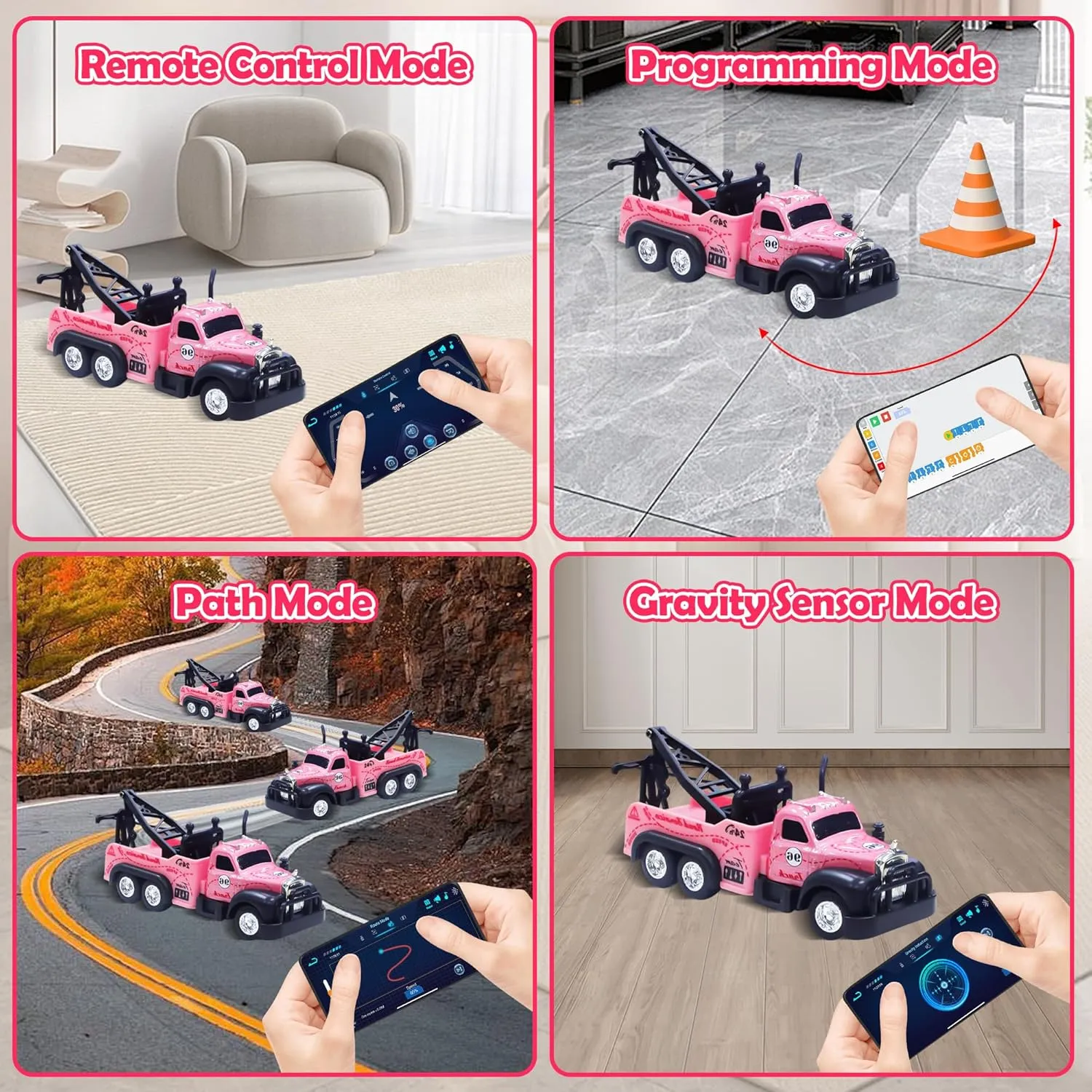 Mini RC Truck, 1/64 Scale Tow Truck Toy Remote Control Car with Lights, Mini Alloy Monster Trucks, 2.4GHz Remote & APP Control, Adjustable Speed & Steering (Pink)