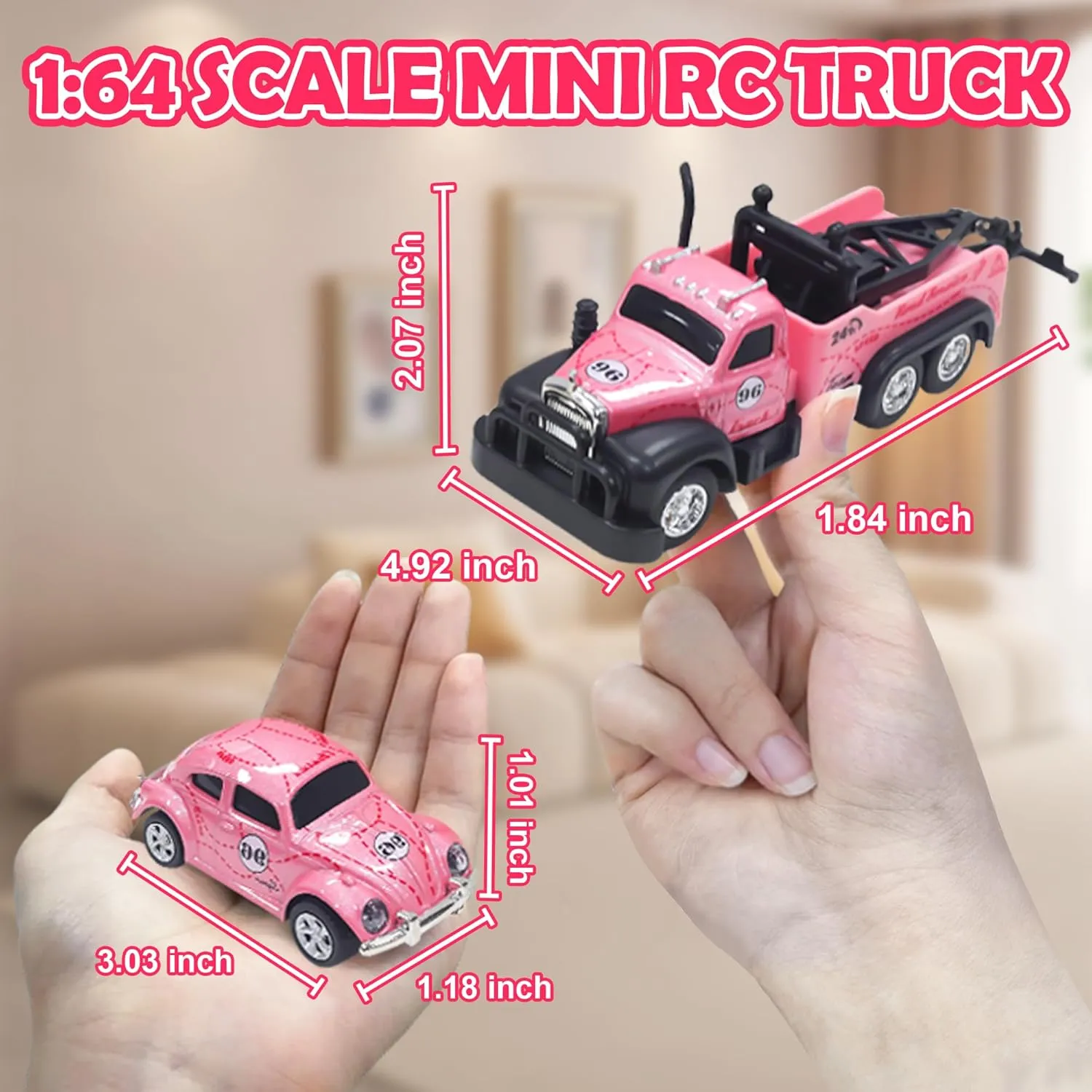 Mini RC Truck, 1/64 Scale Tow Truck Toy Remote Control Car with Lights, Mini Alloy Monster Trucks, 2.4GHz Remote & APP Control, Adjustable Speed & Steering (Pink)