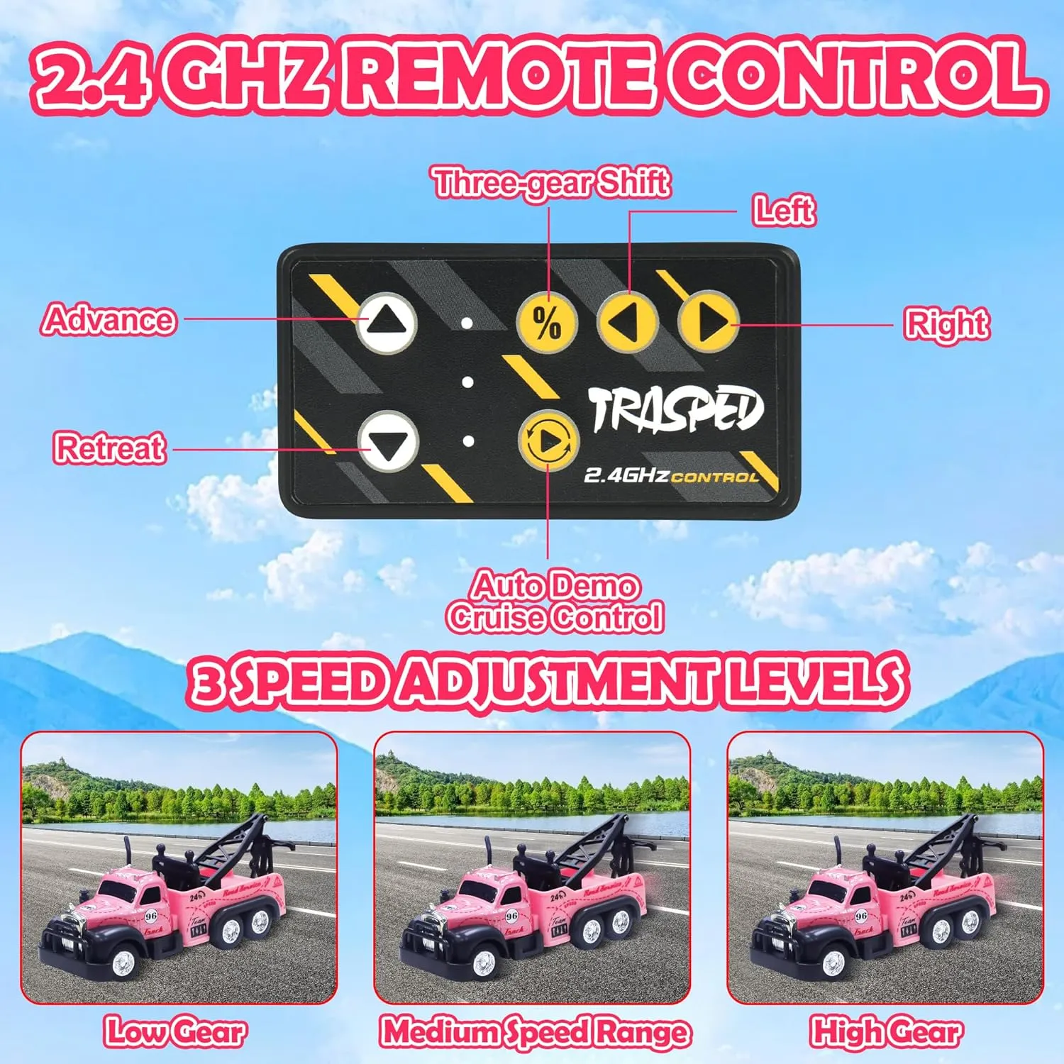 Mini RC Truck, 1/64 Scale Tow Truck Toy Remote Control Car with Lights, Mini Alloy Monster Trucks, 2.4GHz Remote & APP Control, Adjustable Speed & Steering (Pink)