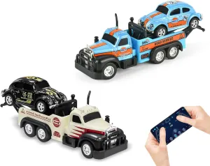 Mini RC Truck, 2PCS 1/64 Scale Tow Truck Toy Remote Control Car with Lights, Mini Alloy Monster Trucks, 2.4GHz Remote & APP Control, Adjustable Speed & Steering (Blue & White)