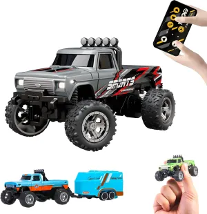 Mini Rc Truck,1:64 Scale Monster Truck Remote Control Car with Lights, 2.4Ghz Remote Control, Mini Alloy Monster Truck Rc, Speed/Steering Adjustable (Gray)