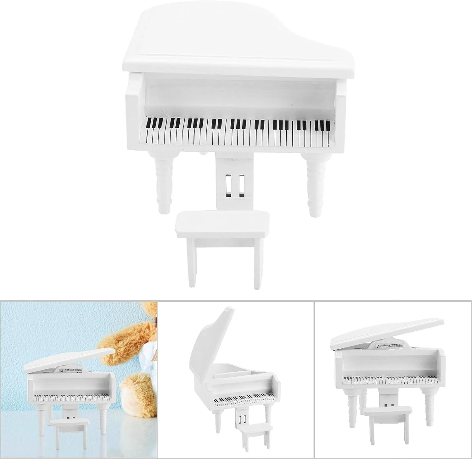 Mini Simulation Wooden Grand Piano with Stool for 1:12 Doll House Furniture and Accessory White Doll Accessories