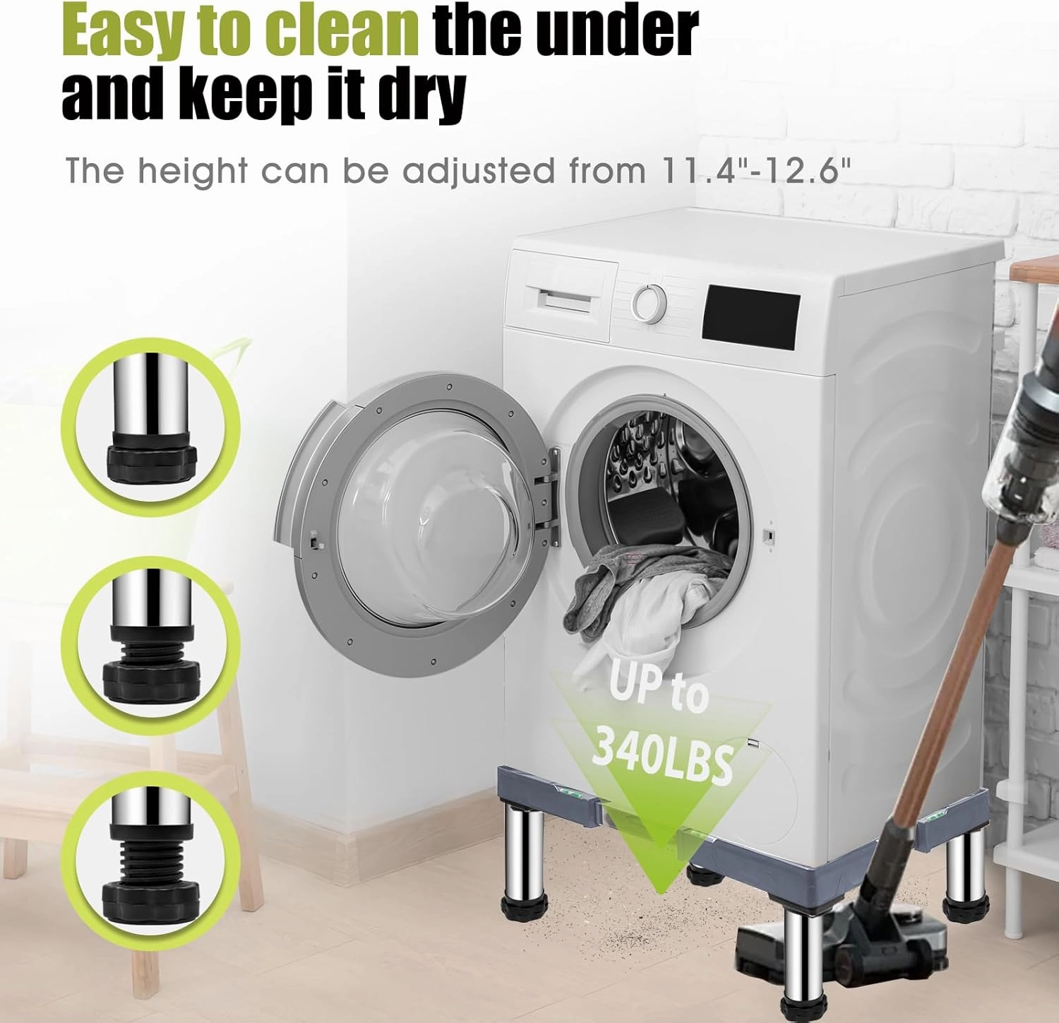 Mini Fridge Stand with 4 storage Feet (11.4"-12.6" High), Adjustable Base Tray Anti-Vibration for Mini Refrigerator Stand Washing Machine Stand Pedestal Dryer, Max Load 340LBS (Gray)