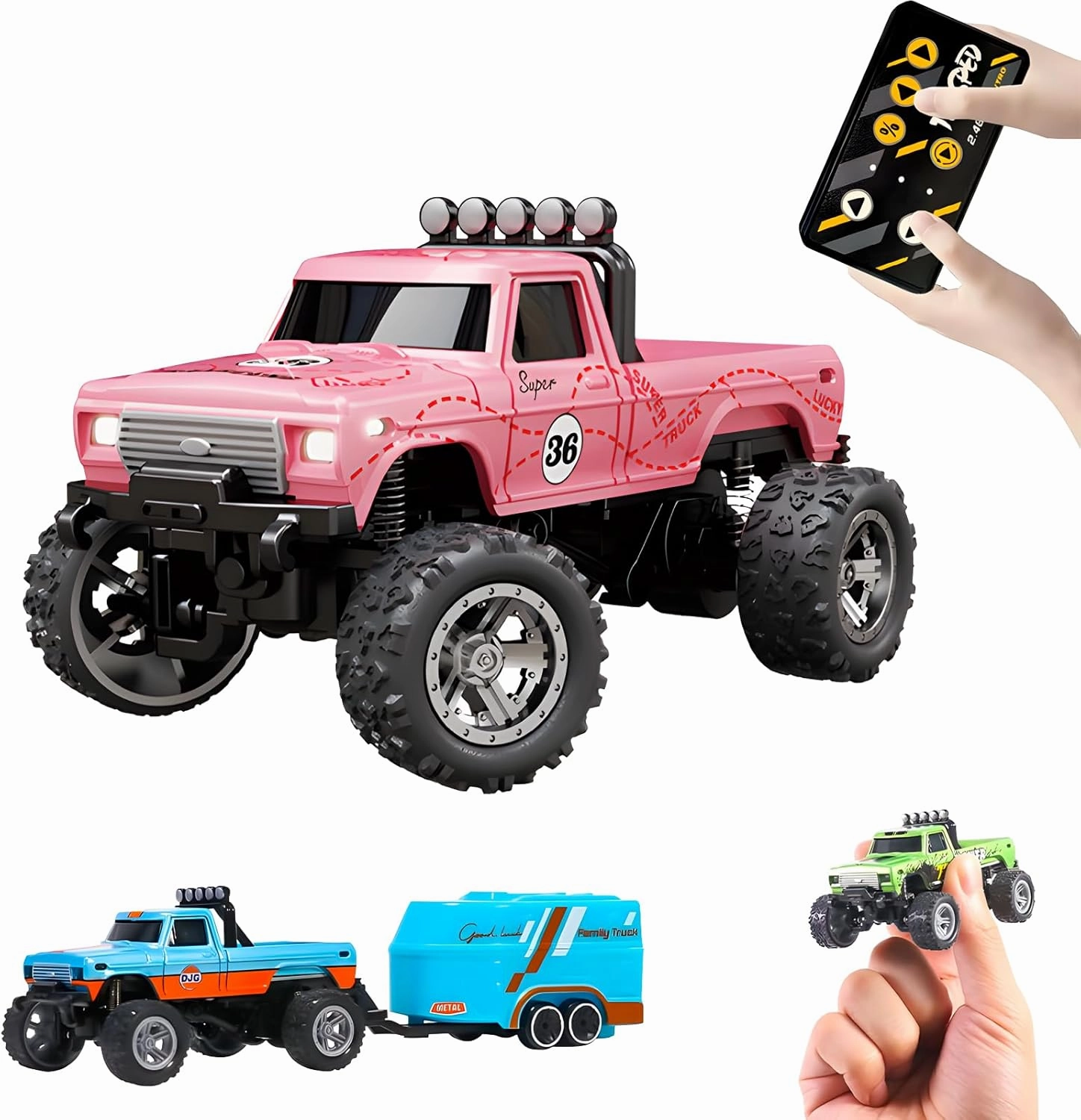 Mini Rc Truck, 1:64 Scale Monster Truck Remote Control Car with Lights, 2.4Ghz Remote Control, Speed/Steering Adjustable (Pink)