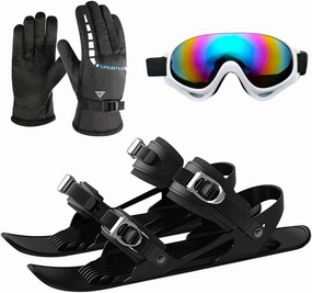 Mini Ski Skates with Gloves & Goggles Winter Outdoor Skiing Mini Sled Snowboard Sled Shoes Portable Snowblades Skis Shoes Adjustable Short Snowskates Skiboards