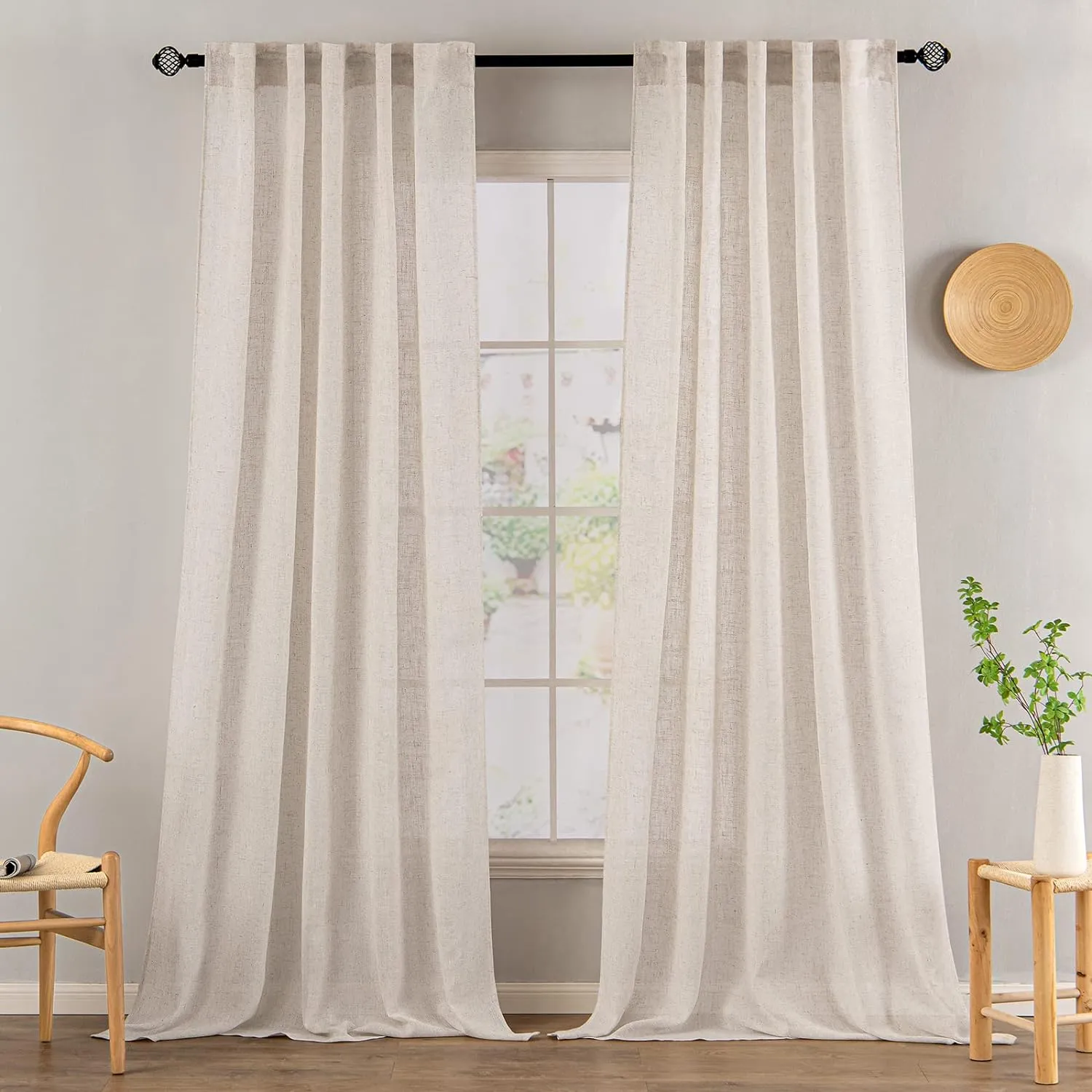 MIULEE Natural White Linen Curtains 108 Inches Long for Bedroom Living Room, Soft Thick Linen Textured Window Drapes Semi Sheer Light Filtering Rod Pocket Back Tab Cream Ivory Modern Look, 2 Panels