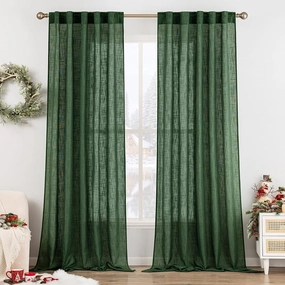 MIULEE Emerald Green Linen Curtains 108 Inches Long for Bedroom Living Room, Soft Thick Linen Textured Window Drapes Semi Sheer Light Filtering Back Tab Rod Pocket Christmas Decor, 2 Panels