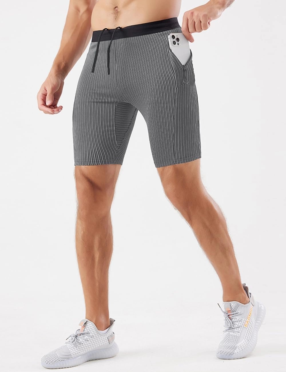 MIZOK Men's Stripe Performance Compression Workout Shorts Tight Gym Athletic Shorts with Pockets